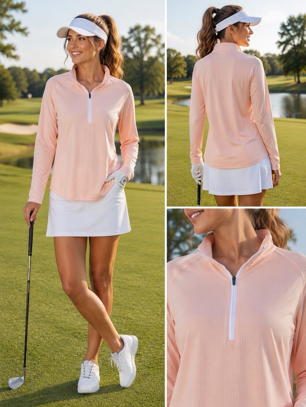 Walter Hagen Performance women’s Peach Solid Golf 1/4 Zip UPF 50+ Polo XL Mesh